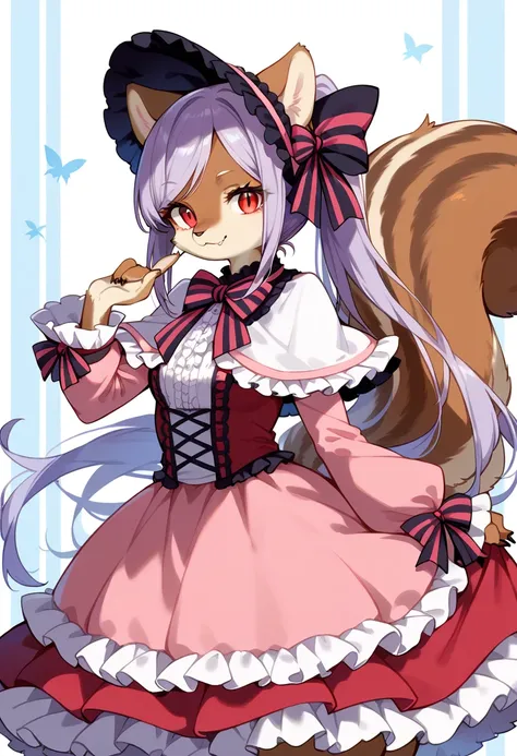 score_9, score_8_up, score_7_up, score_6_up, score_5_up, score_4_up, source_anime, best quality, amazing quality, very aesthetic, absurdres, 1girl, (furry, kemono:1.3), squirrel, squirrel girl, squirrel tail, solo, dress, red eyes, long hair, fang, lolita ...