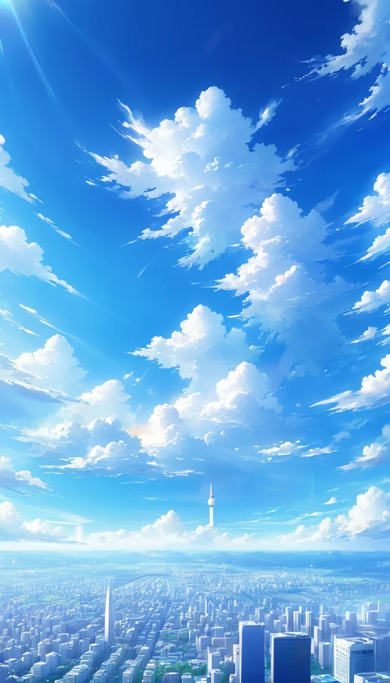 scenery overlooking the city on a clear day    。   blue sky and white clouds spreading  。 the city can be seen below 。the sun's ...