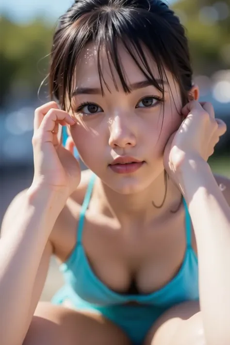 Best Quality, masterpiece,  ultra high resolution,   soaking in a Japanese hot spring, Outdoor hot spring, Stone hot spring, Moss and tree々Surrounded by, Super beautiful face, Pure Body, Her pores are visible , (smile:0.8), Supermodel wearing a black split...