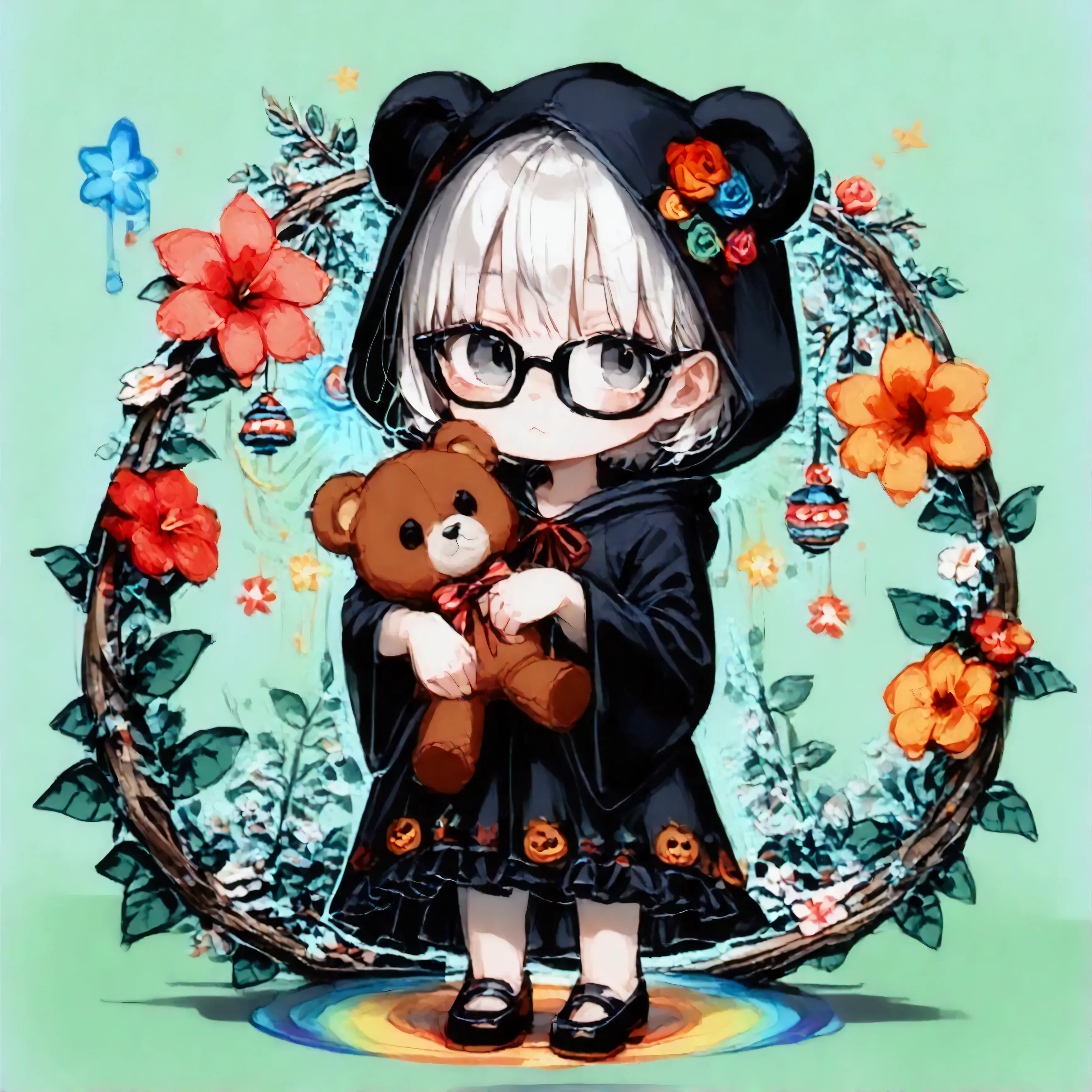 hzk,score_9, score_8_up, score_7_up, score_6_up, score_5_up, score_4_up .(solo:1.8),1girl\(cute,chibi, white skin, pale skin,(wearing ((simple)) black hood:1.4),(black robe\(hood,White embroidery in the shape of a flower\):1.3), ((white frilly dress inside)), (wearing black glasses:1.4), (((gray eyes))),Brown leather shoes with cute design, white hair, bangs, short hair, (holding teddybear\(brown,fluffy\):1.4),(cute pose:1.5)\).(f3nn3r:1.8),(colourful,vivid, pink, blue, black, red, trippy:1.6),(simple background:1.3) with Jack-o'-lanterns, icon style