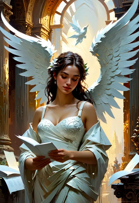 angel holding white paper, divine atmosphere, oil painting with heavy impasto, elegant intricate artstation concept art by craig...