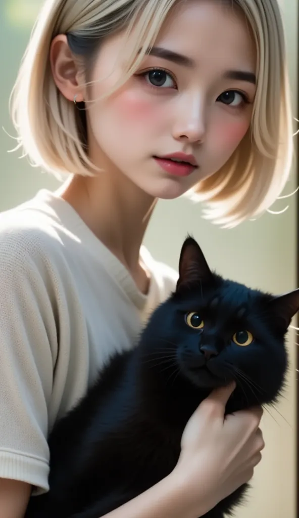 top-quality、black catを抱いている女の子、cute、 short bob、black cat、 natural appearance 、、natural light