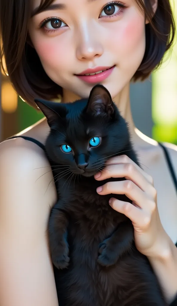 top-quality、black catを抱いている女の子、青い目のblack cat、cute、 short bob、black cat、 natural appearance 、、natural light