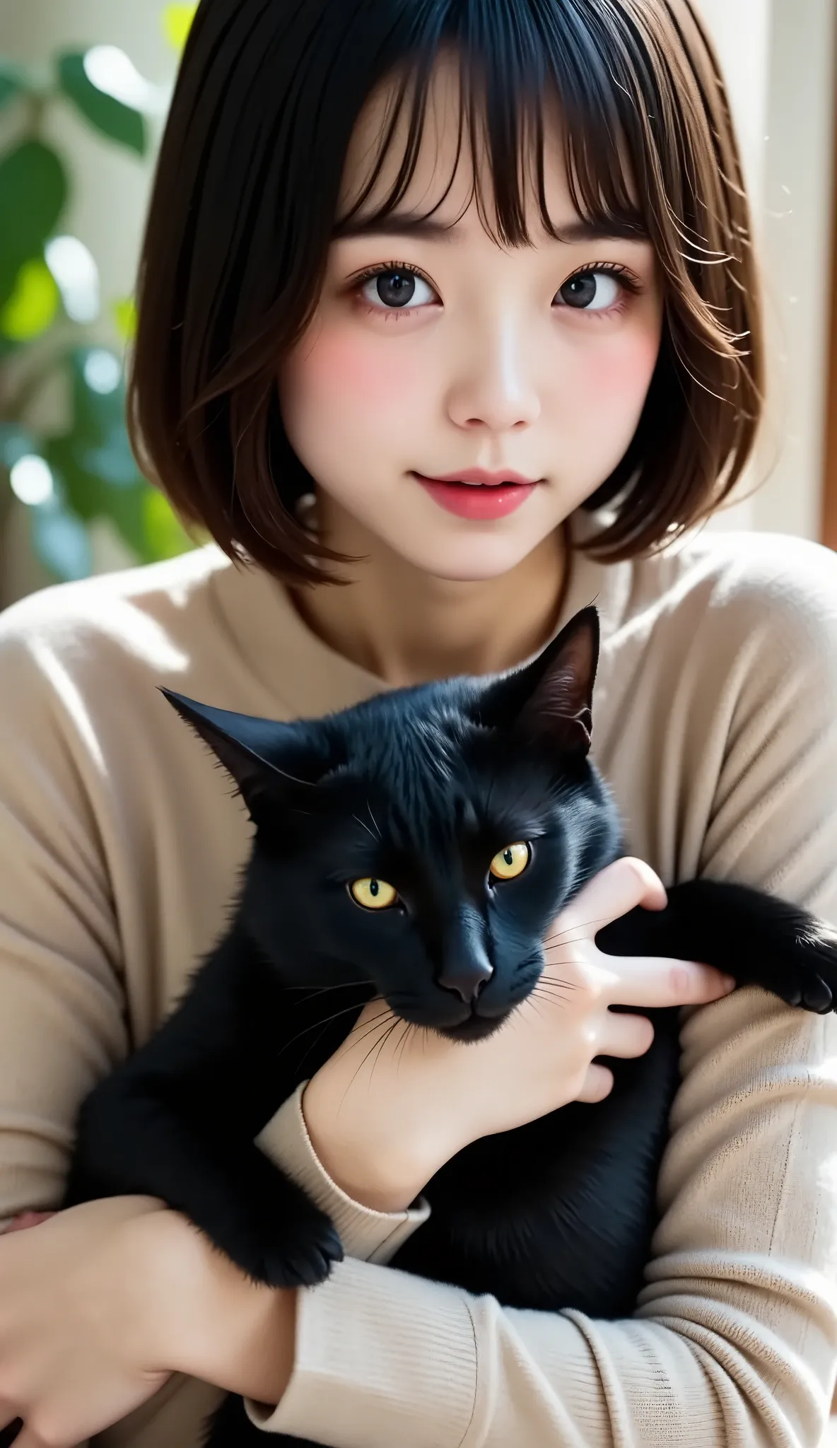 top-quality、black catを抱いている女の子、cute、 short bob、black cat、 natural appearance 、、natural light