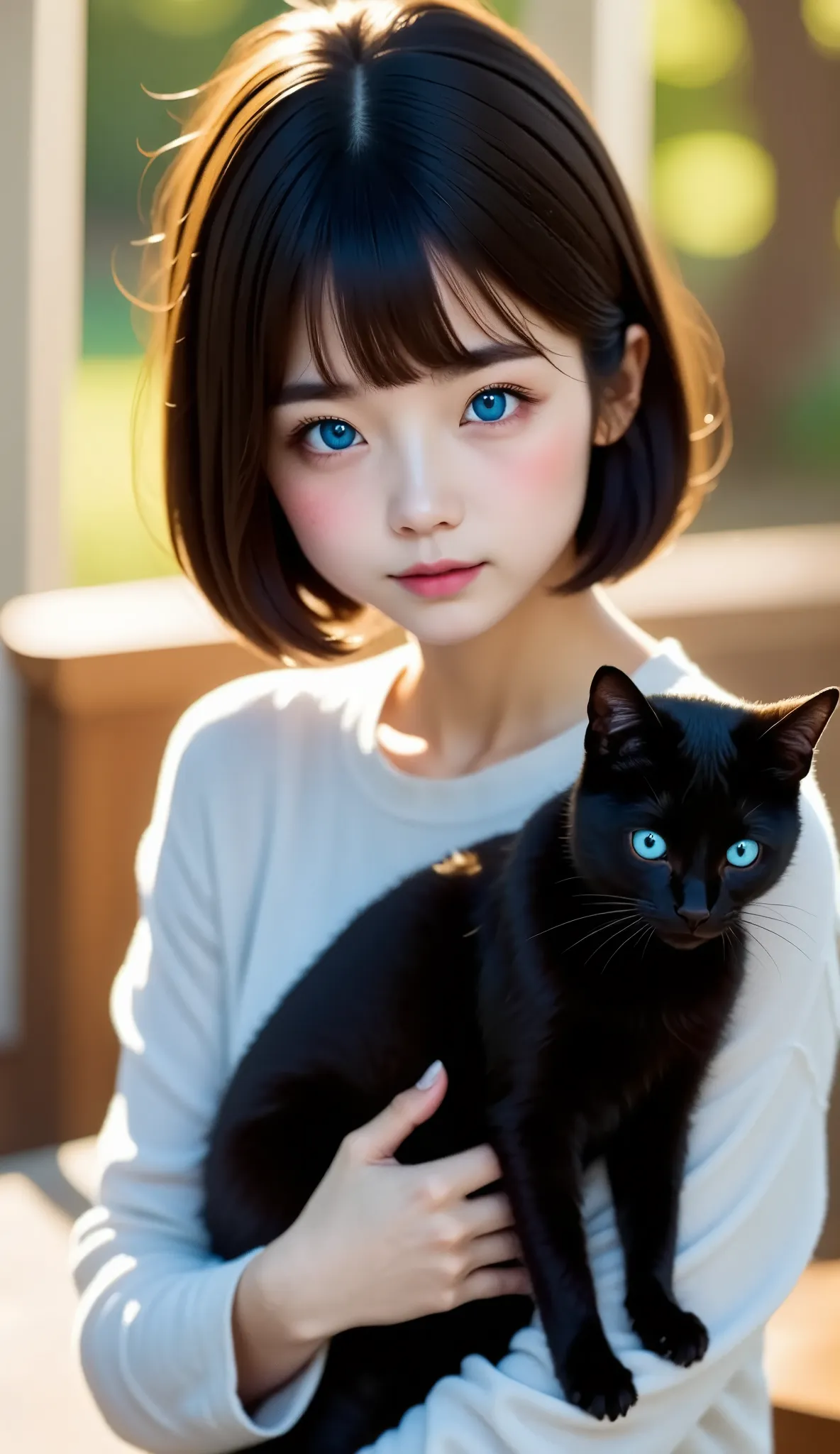 top-quality、black catを抱いている女の子、青い目のblack cat、cute、 short bob、black cat、 natural appearance 、、natural light