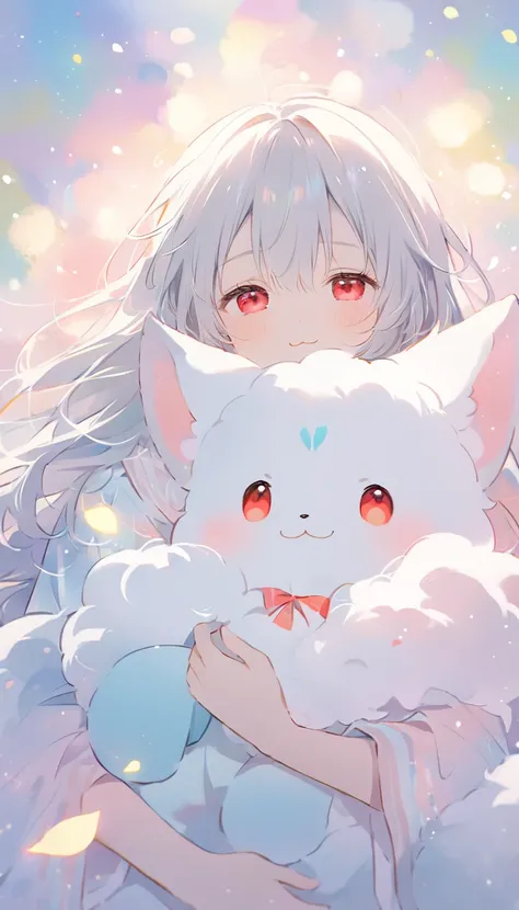 ((The pale lines and soft colors create a dreamy, ephemeral impression..)),Nine-tailed fox、Nine Tails、Fluffy、Gray Hair、Slanted Eyes、Red Eyes、Holding a cute white fox stuffed toy、Light effects、Close your eyes、smile,:3