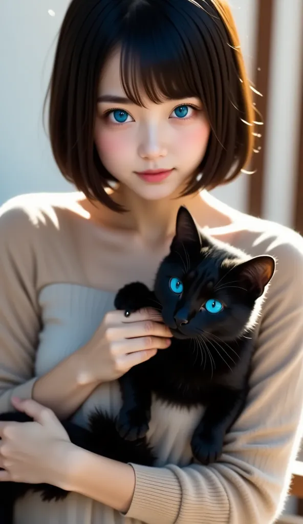 top-quality、black catを抱いている女の子、青い目のblack cat、cute、 short bob、black cat、 natural appearance 、、natural light