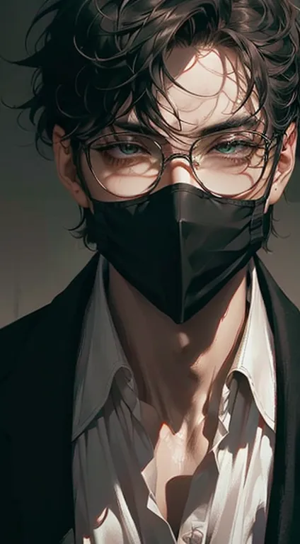 ((mature man, very handsome, black short hair,  messy hair ,  green eyes ,  perfect face mask，no flaws)), ((student uniform, hig...