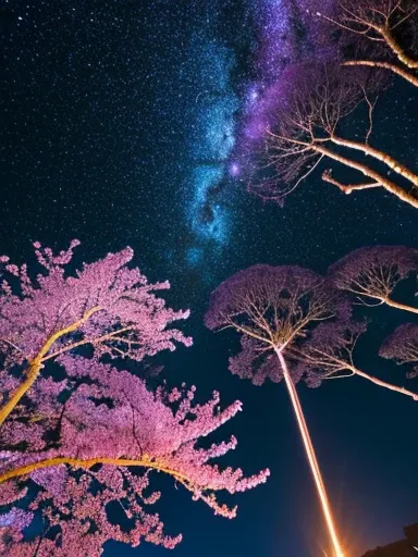 「Fantastic night cherry blossoms against the backdrop of a bright and shining universe.」. It has a bright atmosphere., Highly saturated colors emphasize the vividness of the cherry blossoms and celestial objects.. The stars shine brightly., The Milky Way i...