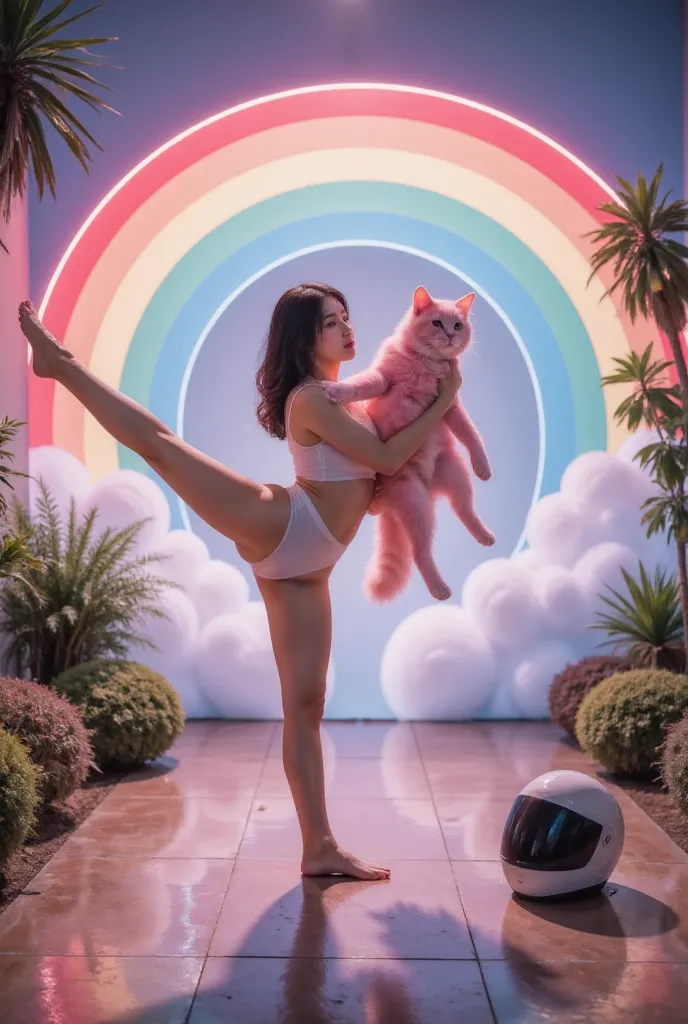 the botanical museum of the future，（（（（（standing splits）））））， transparent tights ， a pink space navy holding a cat,  cute fantas...