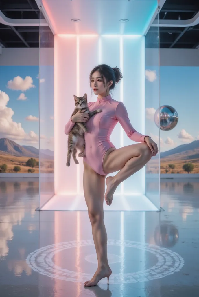 future museum ，（（（（（standing splits）））））， transparent tights ， a pink space navy holding a cat,  cute fantasy background , rainb...