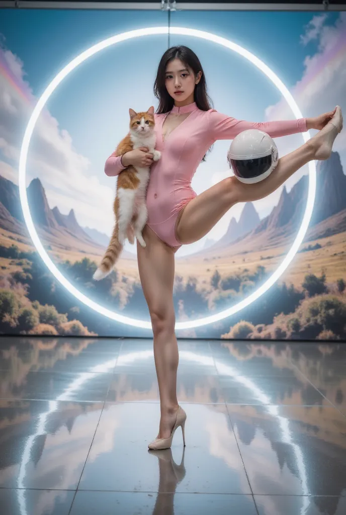 future museum ，（（（（（standing splits）））））， transparent tights ， a pink space navy holding a cat,  cute fantasy background , rainb...