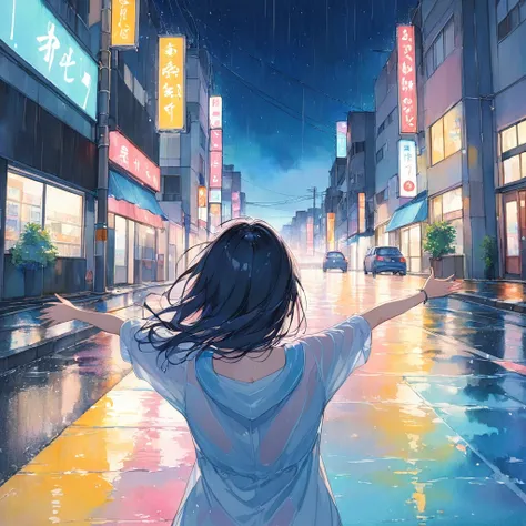 ((pastel、 watercolor style ))、1 woman,Turn your back and look up at the sky,Reaching for the sky,The ground gets wet,  The background is a rainy night ,Urban Roadside Masterpiece ,Best Quality,Exquisite,8k, absurd, super detailed illustrations on white pap...