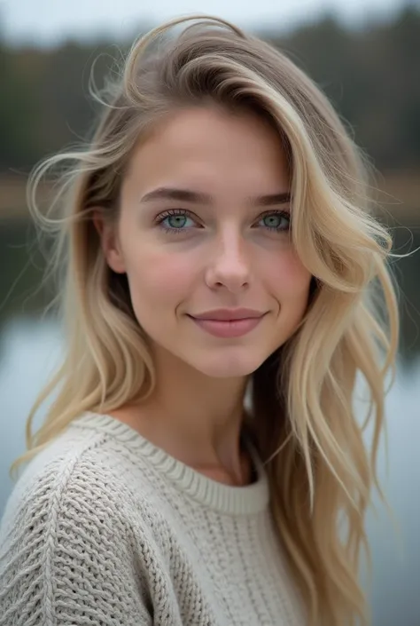 Un portrait détaillé dune femme suédoise au visage doux et harmonieux, denviron 25-30 ans. Elle a une peau claire avec un léger éclat naturel, des cheveux blonds et légèrement ondulés, descendant jusquaux épaules. Ses yeux sont bleus, perçants mais chaleur...