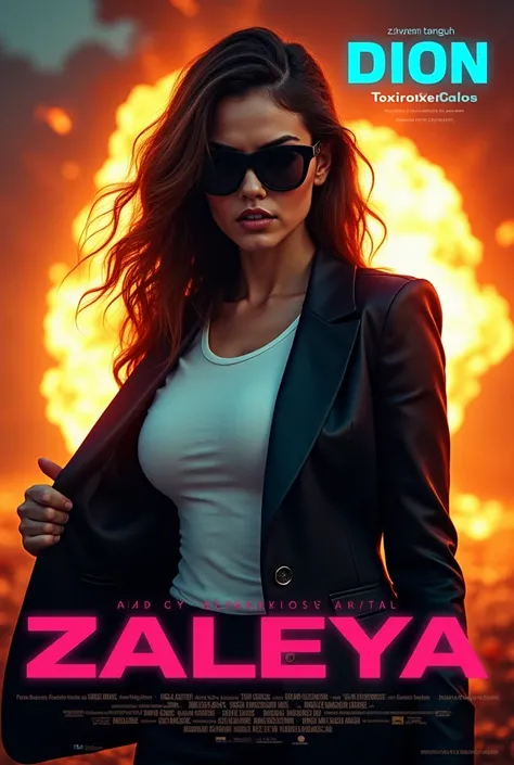  A beautiful woman fierce looking wearing a black suit ,white t-shirt leather jacket, and sunglasses .  She stands against the backdrop of a dramatic huge explosion of fire ,  gives the impression of intensity and thrilling action .  This woman appears tou...