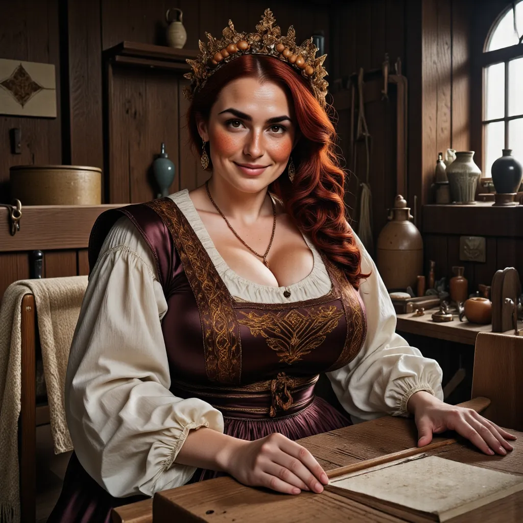 photorealistic, cinematic style, a picture of a beautiful british woman dressed as a medieval peasant woman.  she's sitting by t...