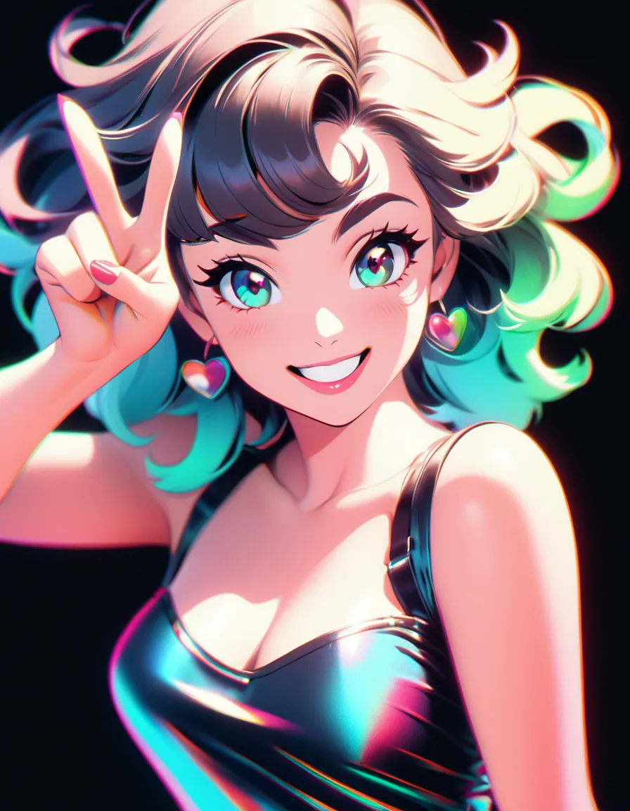 retro pin-up girl, 80s retro girl winking, smiling and giving an ok sign. rgb color shift, chromatic aberration, rgb shift video...