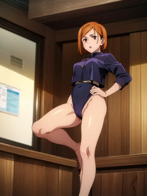 (masterpiece), (Best Quality), (Super detailed), (Best illustration), (Highest shadow), (Absurd), Nobarakugisakinova,  short hair,  orange hair, (( Brown Eyes )),  Kugisaki Nobara,  school swimsuit,  1 girl, Alone,  jacket, bangs, Squat、 open legs、Leg spre...