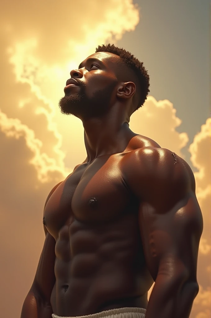 An image of a muscular black 24 year old looking up to the sky to God