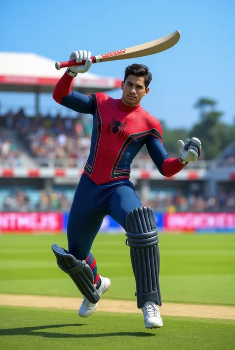 generate a hyper realistic image of rishab pant into a spidey avtar playing cricket 