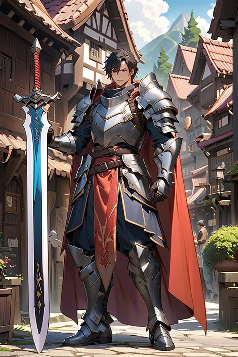 man,  fairy slayer ,  heavy armor handheld giant sword,  background village center , full body view , man,  very detailed,  high...