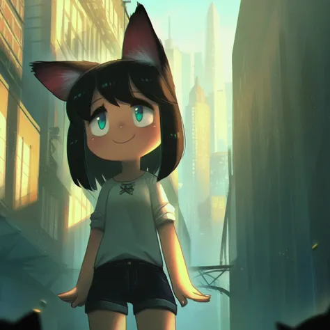 masterpiece, best quality, very aesthetic, absurdres, 1girl, (porforever:0.7), cat ears, shirt, shorts, city background, smile