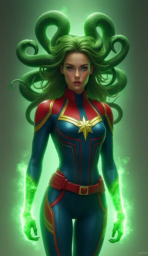 hình ảnh thực tế, toàn thân, một cô gái xinh đẹp medusa mặc bộ giáp của siêu anh hùng captain marvel ,mái tóc thay bằng những con rắn màu xanh lục, toàn thân phát sáng
