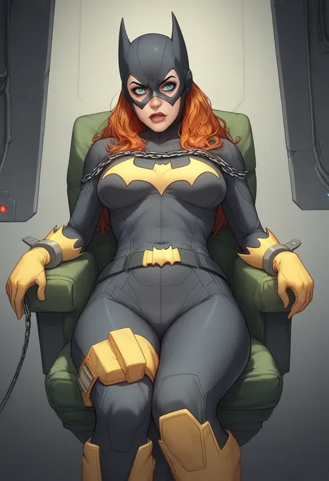 full indoor shot of a digital rendering or graphic of batgirl seated in a futuristic, armchair-like contraption.


batgirl, dres...