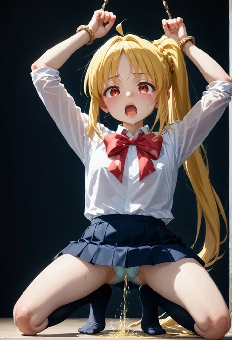 High image quality 、masterpiece、  high quality、Full HD、4K、studio、Both hands tied、Hands above head、 is on all fours、Eye highlights removed 、Darkening in eyes 、Yellow Hair、 ponytail、Red eyes、 white shirt 、 blue bra、 high school uniform 、Black tights、Wet pant...