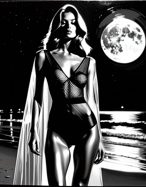 black and white photo of a sexy girl with straight hair in a see-through dress on the beach at night, bright full moon, (oil pai...