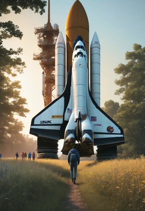 ((​masterpiece、top-quality、ultra-definition、hight resolution))、4k picture qualitya rusted space shuttle in a field, a village la...