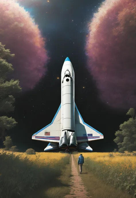 ((​masterpiece、top-quality、ultra-definition、hight resolution))、4k picture qualitya rusted space shuttle in a field, a village la...