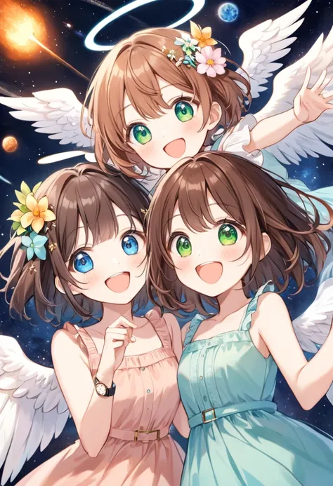 Best Quality, Pastel drawing, Friendly atmosphere, Twin girl angels, cute, White Wings, Laughing happily, Brown short hair is different in color, Blue Eyed Person, Green-eyed person, Dresses in different colors, Flower Hair Ornaments,  upper body,  Watch V...