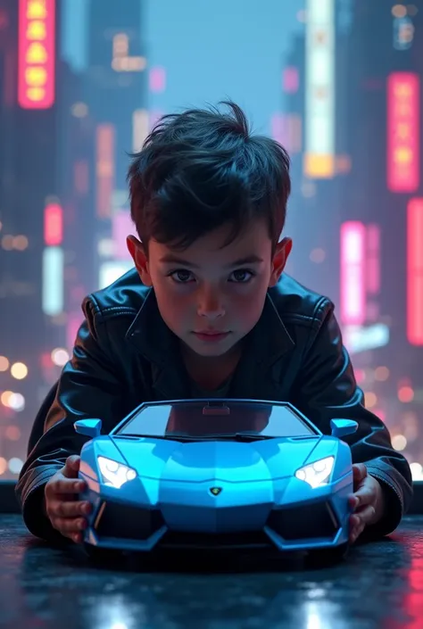  A boy playing with his light blue Lamborghini toy car.  with a black leather jacket looking at the spectator .1.4,on a deep balcony, Cyberpunk city in the distance ,cores cyberpunk,neon, High definition ,8k,masterpiece,( best quality,4K,8k, high resolutio...