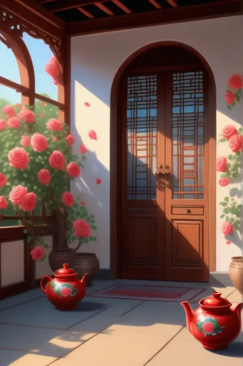 Open Chinese-style carved wooden door with stained glass Windows,a round coffee table,a teapot,several cups,very fine China,hot,outside the courtyard full of flowers,(Climbing Roses from the eaves:1.4),hanging on both sides of the door,afternoon sunshine,s...