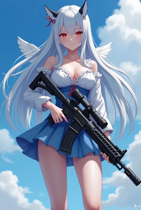 Best Quality,Highest quality,１Goddess of Man , Japanese idol face , long lashes, large machine gun shooting ,smile,Real 1.8,Silver Hair, holding weapons the same size as her height {x} gradation of light blue hair over the tips of her hair,( very long hair...