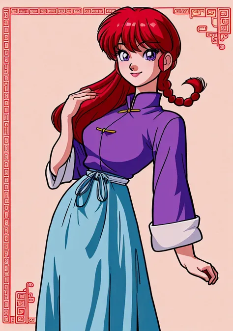 create female ranma, clear outline, full body color photo, ( beautiful and delicate eyes), ( pretty face:1.3), wakaki's smiling ...