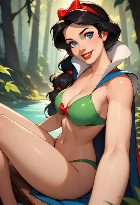 snow white    , blue eyes, (:1.1),long and loose hair,   long black hair  ,, (green floss bikini ),  exposed legs  , thick thigh...