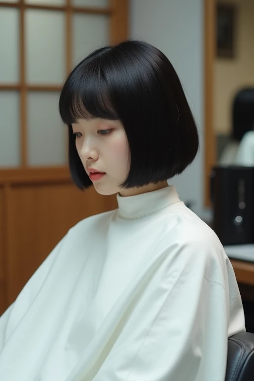 （Best Quality,4K,8k, high definition,masterpiece:1.2), very detailed,(Realistic,photoRealistic,photo-Realistic:1.37),Beautiful Chinese woman in her 20s , full body、 textured straight short bowl-cut hair wearing a white sleeveless poncho for a haircut、Shave...