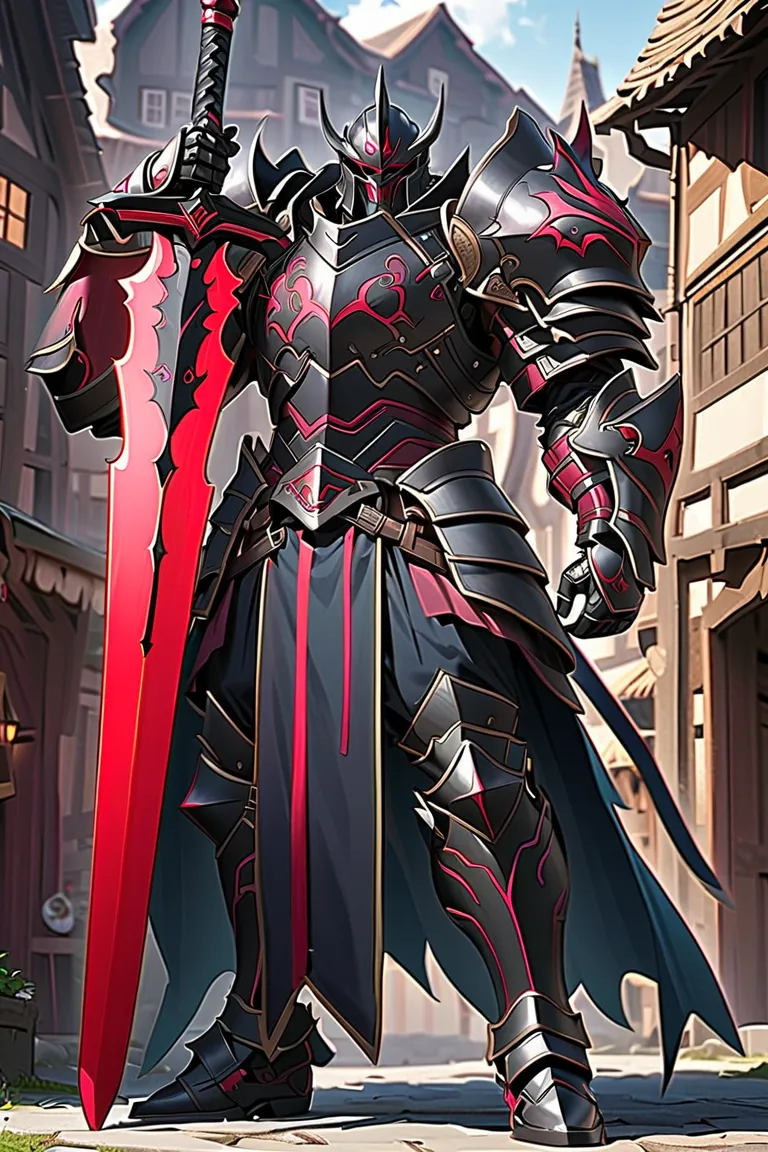 man,  fairy slayer , berserker, heavy armor handheld giant sword,  background village center , full body view , man,  very detai...