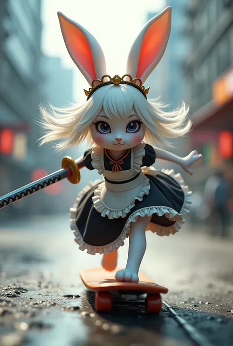 A anthropomorphic female white rabbit wearing a maid costume, fighting with katana　Ride a kickboard,A sense of movement and speed,