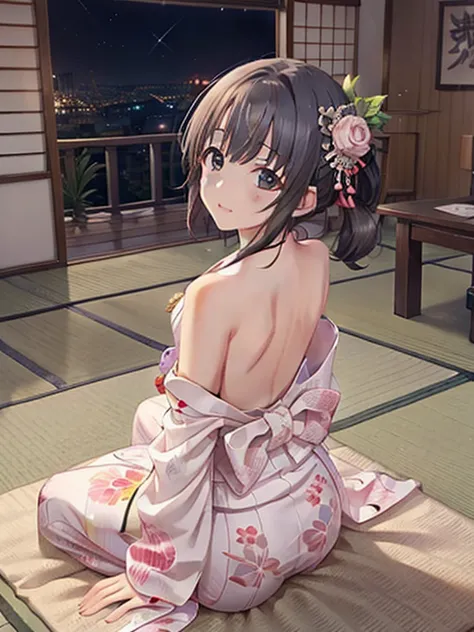 In 8K、top-quality、​masterpiece、 ultra-detailed、 ultra high resolution、 anime style、Traditional Japanese room、night、Dark room with no windows、Light-colored yukata、On the futon、Chest Cleave 、Shoulder Bare,　,Arms back