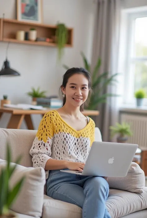 now create an image of the same 25-year-old girl, in the living room of her modern house, working outdoors on a laptop computer....