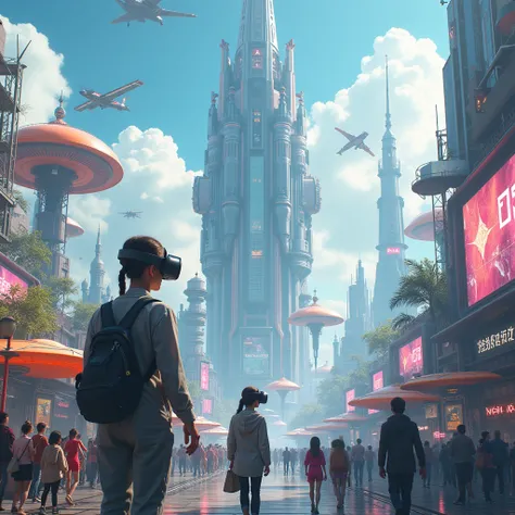 amusement park, In the futuristic themed area  ,   giant robots and aircraft are flying through the sky  ,   various high-tech amusement facilities are floating on the ground .   tourists wear virtual reality devices 、 they are experiencing future technolo...