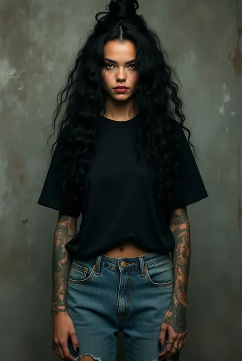 1 Vampire woman caucasian skin, black long curly hair  and tied up, 1.75 meters tall, medium height, tattooed, with baggy jeans, black t-shirt, background grunge wall, front photo, cinematic, Cannon EOS 