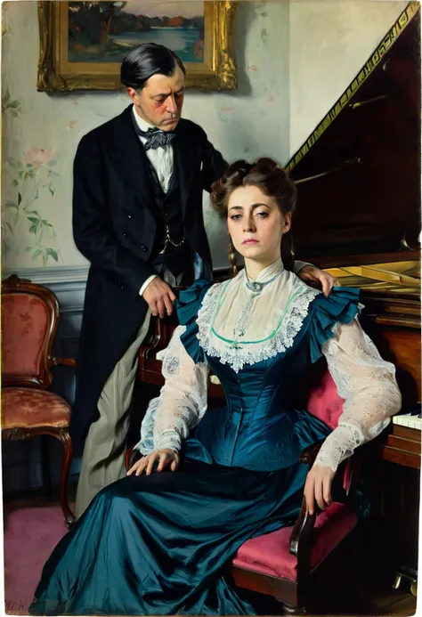 group portrait, woman in foreground sitting on arm of chair, she is pensive and sad, man sitting at piano, woman standing next to him, Victorian subject, Irving Ramsay Wiles