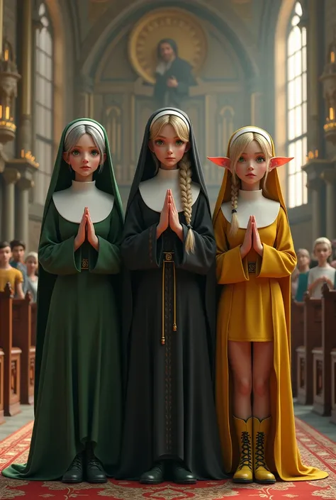 Super realistic illustration, Detailed Fantasy art, Cinema 4D rendering, 3 cute lady, full body, 3 elven ladies are praying in church. (left lady is silver short bob hair, green eyes. green nun costume, green lace-up boots). (center lady is braided blonde ...