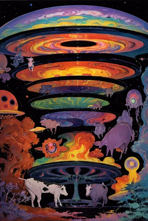 Cows in front of a flying saucer、Ranch、 psychedelic、 Space LSD Poster Art 、cosmic horror、Trippy Art、Terraforming、Acid trip、