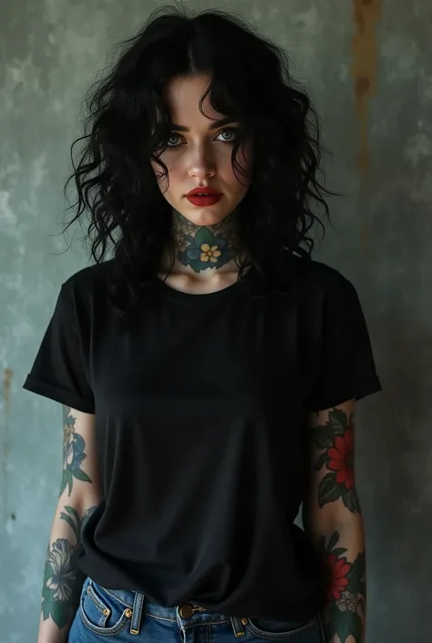 1 Vampire woman caucasian skin, black medium curly hair above the shoulders , 1.75 meters tall, medium height, tattooed, with baggy jeans, black t-shirt, background grunge wall, front photo, cinematic, Cannon EOS 