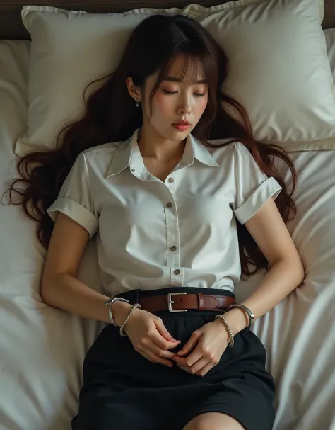 Hyperrealism, a beautiful Japanese woman is laying on the bed, long spread brown hair, natural bang, she is wearing Thai university costume with small short sleeve white shirt, silver button down shirt, black tight short business skirt, brown belt with sil...